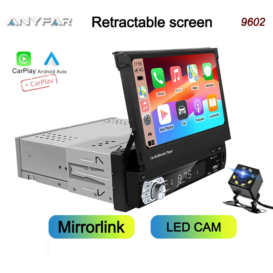 Universell Bilstereo 1 Din 7-Tums HD Fällbar med CarPlay och Android Auto