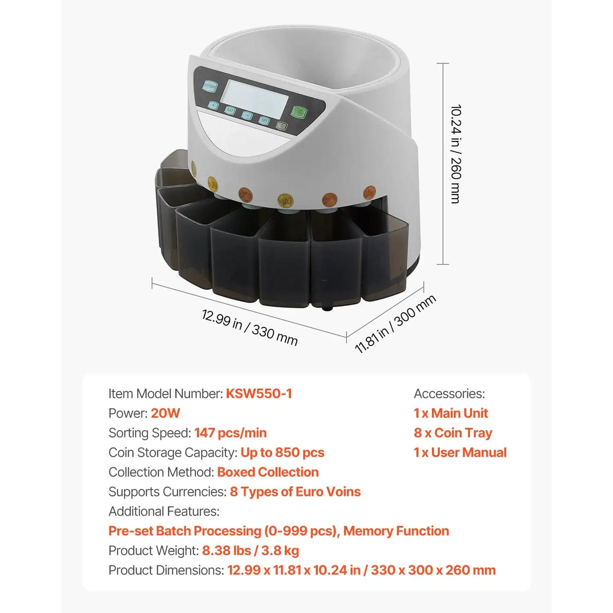 EURO Coin Sorter 8 Euro Coins &ndash; Holds 850 Coins