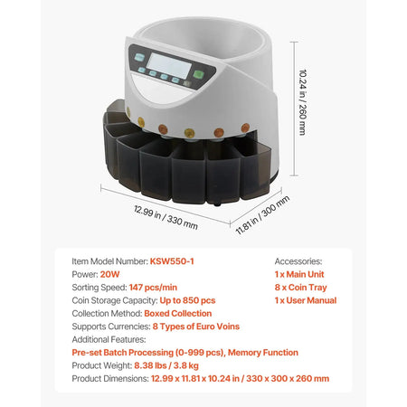EURO Coin Sorter 8 Euro Coins &ndash; Holds 850 Coins
