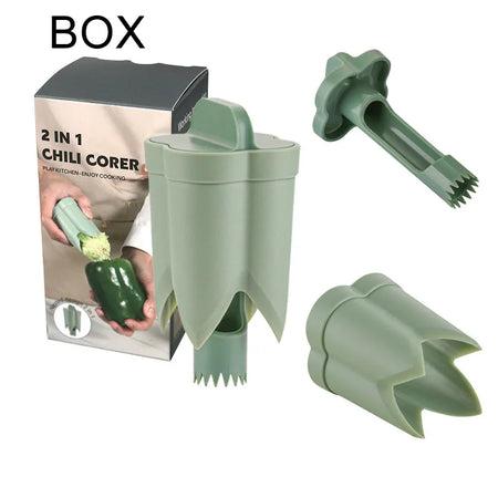2025 Chili Seed Remover &amp; Bell Pepper Cutter - 2 In 1 Kitchen Gadget Green Boxed