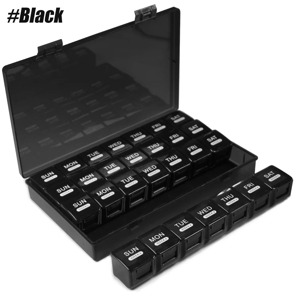 Monthly Pill Organizer with Moisture-Proof 4 Weeks Compartments, Ideal for Vitamins &amp; Supplements Management Black