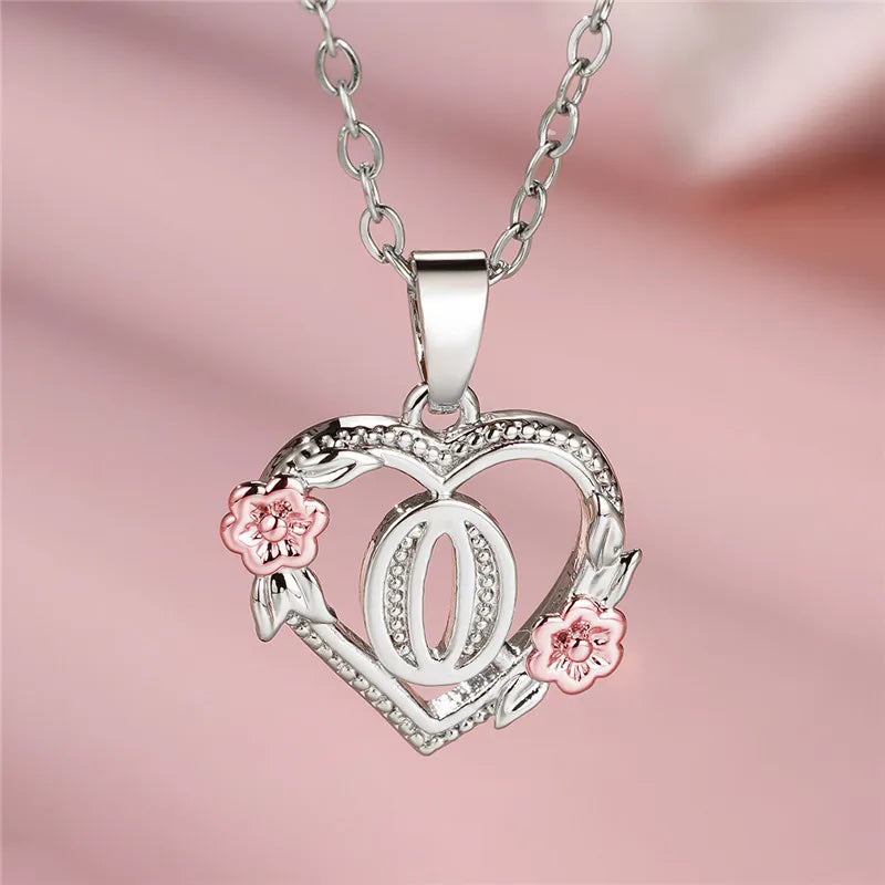 Charming Silver A-Z Letter Flower Pendant Necklace for Women O