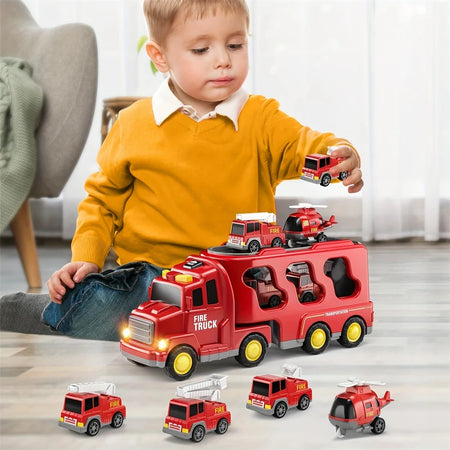 Friction Power 5-in-1 Carrier Truck &amp; Fire Engine Toy Set for Toddlers