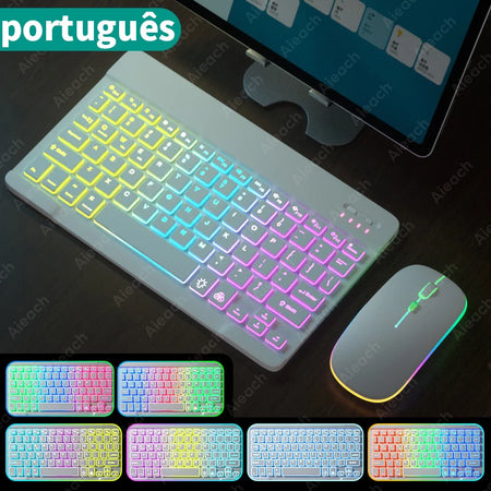Rainbow Backlit Tablet Keyboard For Android iOS &ndash; Bluetooth Portuguese
