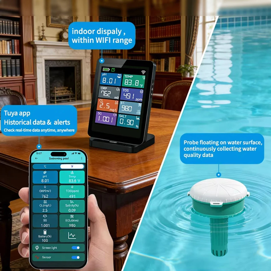 Online Pool Water Monitor Tuya WiFi Floating Water Quality Tester Smart 8 in 1 PH Chlorine EC TDS Salt S.G ORP TEMP Detector