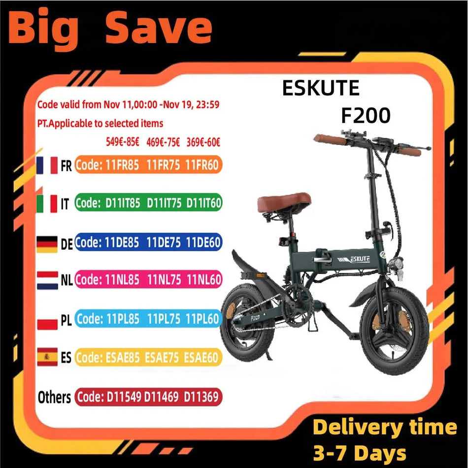 Eskute F200 Αναδιπλούμενο Ηλεκτρικό Ποδήλατο με 250W Χωρίς Βούρτσες Κινητήρα