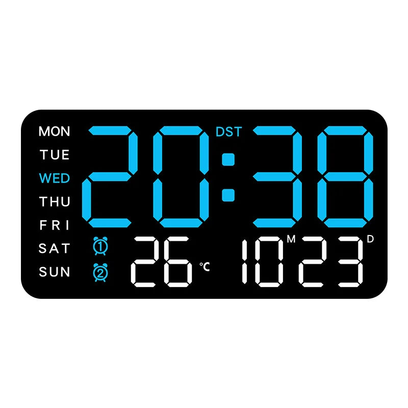 Large LED Digital Wall Clock with Remote Control, Temperature &amp; Date Display Black-blue
