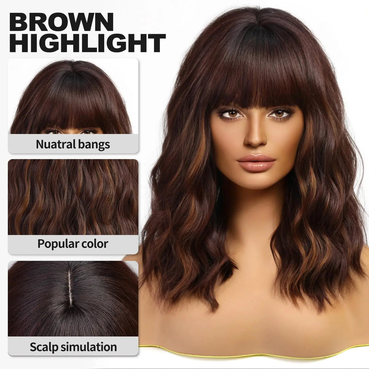 Short Brown Highlight Wavy Bob Wig with Bangs for Daily Use