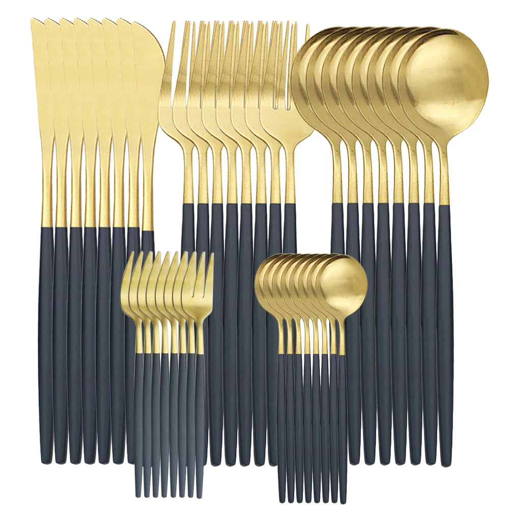 KNGZI 40Pcs Dinnerware Set &ndash; Elegant Matte Gold Cutlery Black Gold