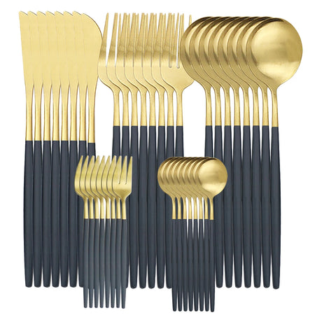 KNGZI 40Pcs Dinnerware Set &ndash; Elegant Matte Gold Cutlery Black Gold