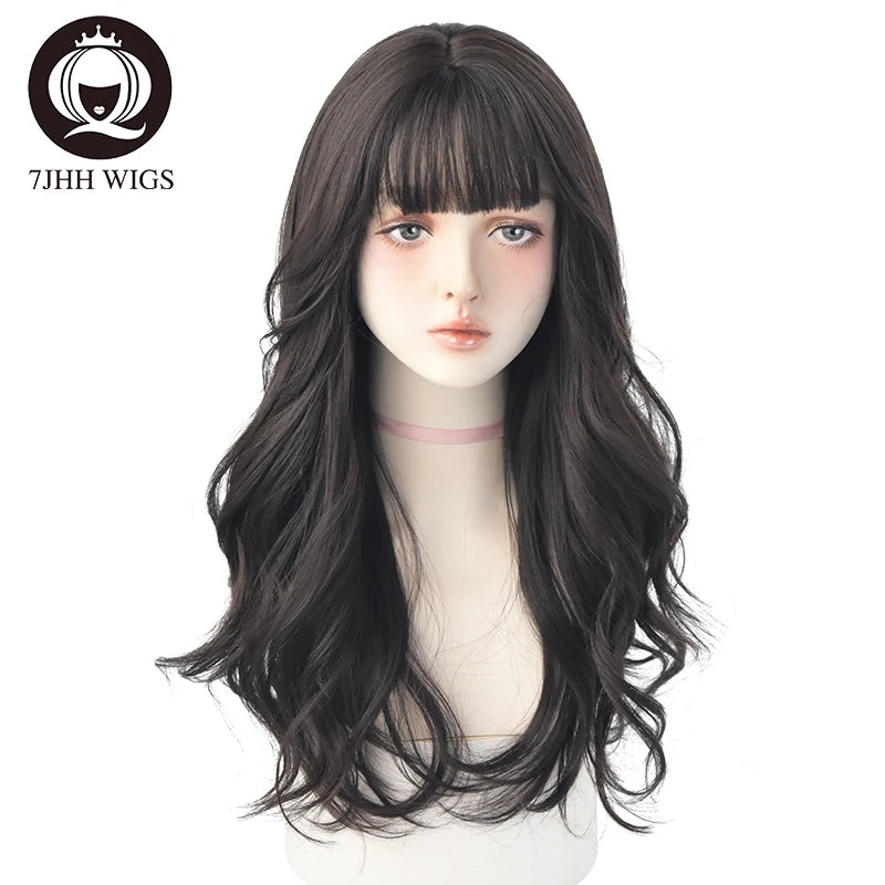 7JHH WIGS Brown Ash Long Deep Wave Wig with Bangs CT89-2