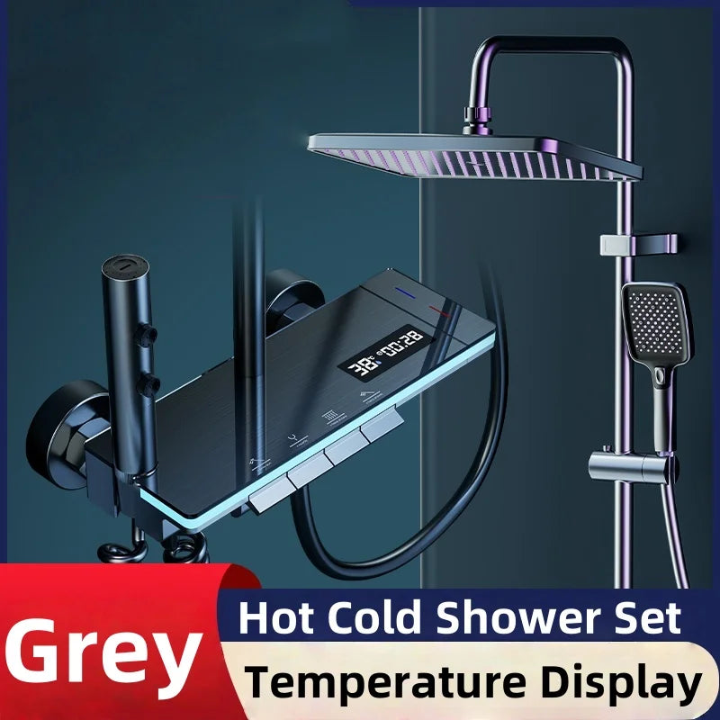 Shower Set with Digital Temperature Display, Stainless Steel Rainfall, Top Shower and Height Adjustable Hand Shower