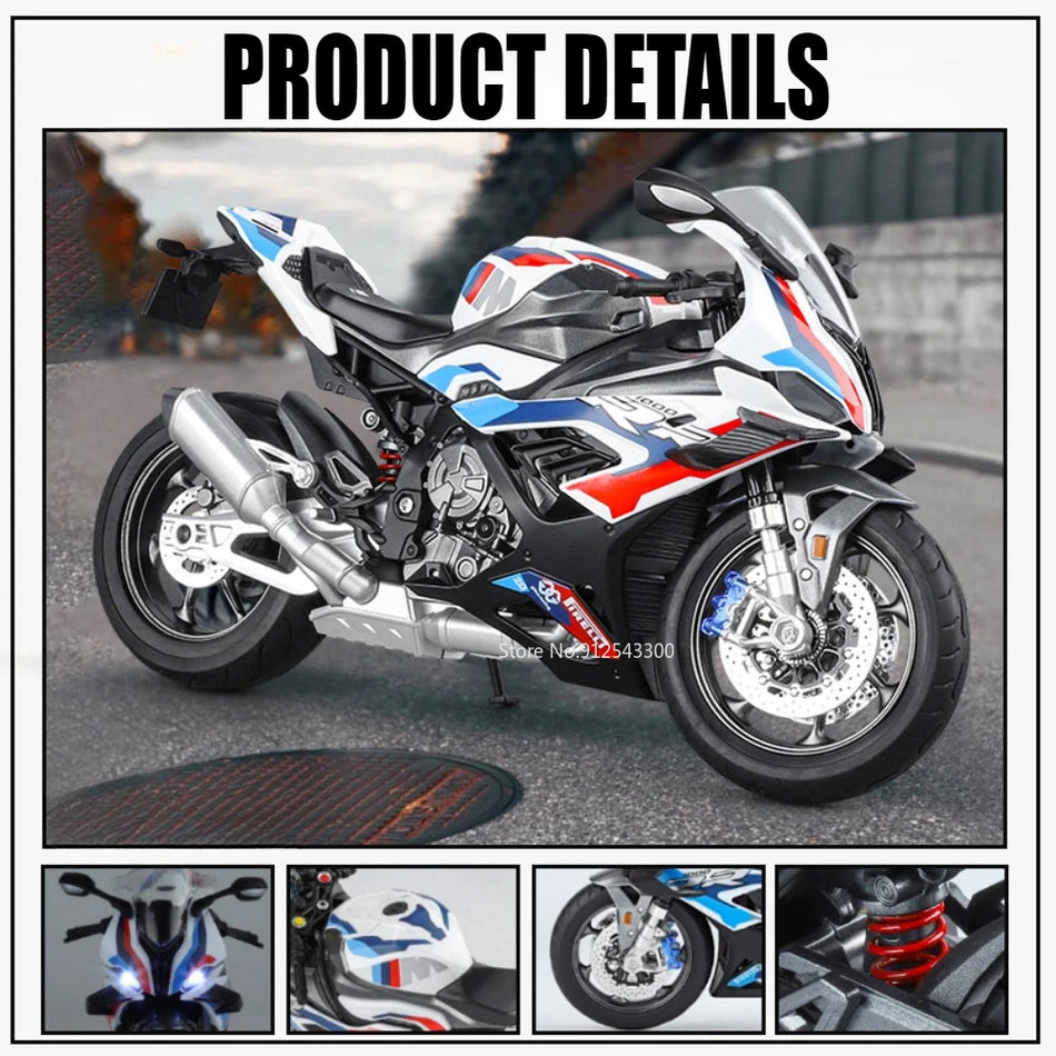 Model de motocicletă diecast la scară 1:9 cu lumini LED și direcție pe roata din față