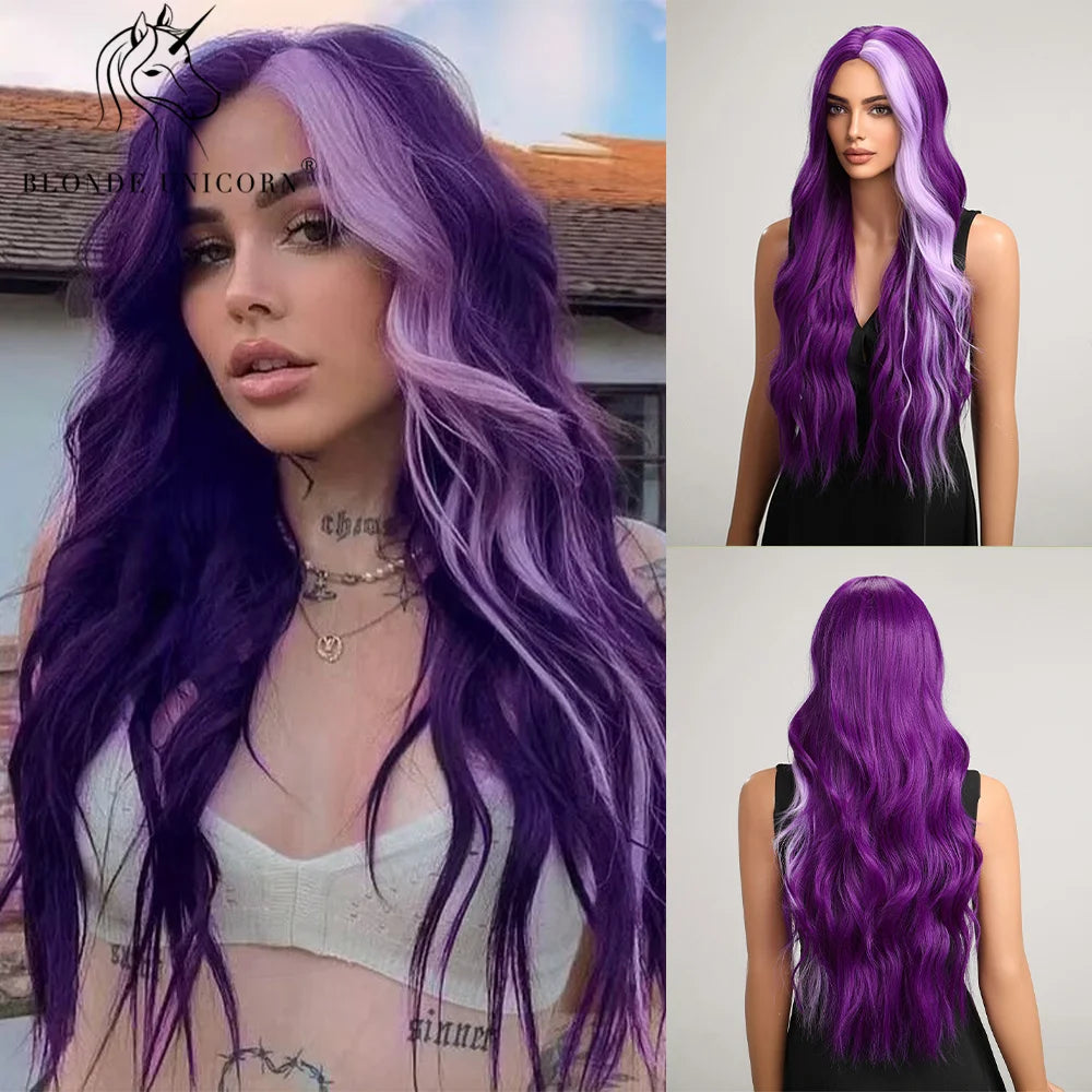 Blonde Unicorn Ombre Purple to Blue Long Wavy Wig for Women LC8172-1 / CHINA