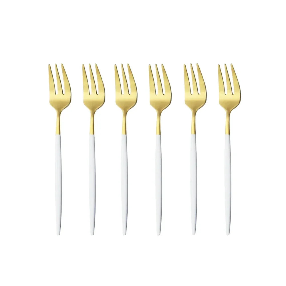 6Pcs Stainless Steel Matte Cake Fork Set &ndash; Elegant Gold Tableware White Gold