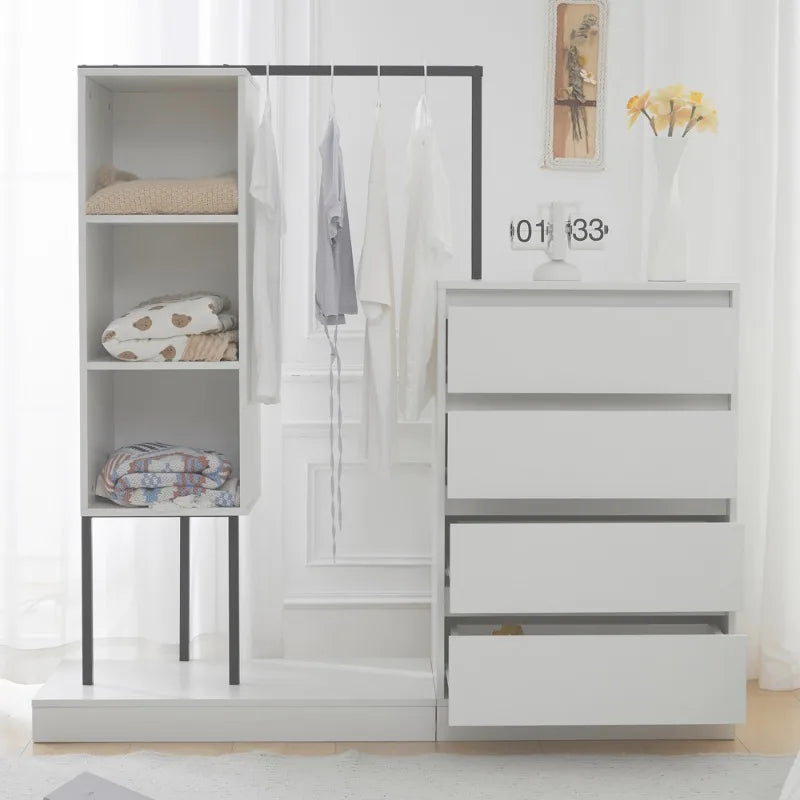 Armoire à tiroirs minimaliste blanche L140 P40 H135 étagères ouvertes