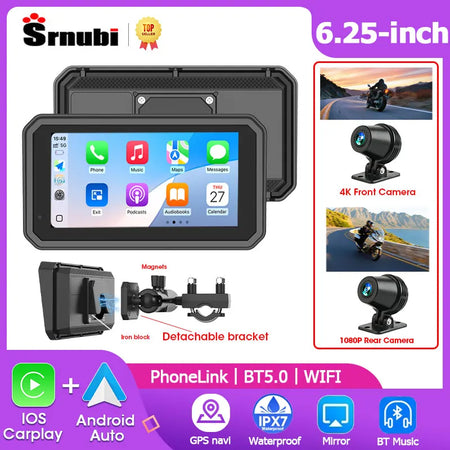 Srnubi 6.25 Inch Moto DVR GPS Motorcycle Navigator &ndash; Wireless CarPlay and Android Auto Support