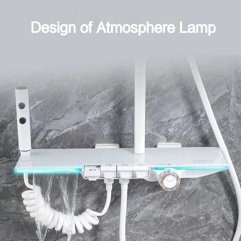 Uppgradera Vit Het Kall Badrum Duschset med LED-display Piano Tangenter Bad Dusch Regndusch Blandare Badrumsaccessoarer Mässing