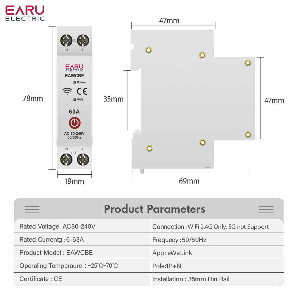 Tuya eWeLink WiFi Smart Circuit Breaker 1P+N 63A with Voice Control