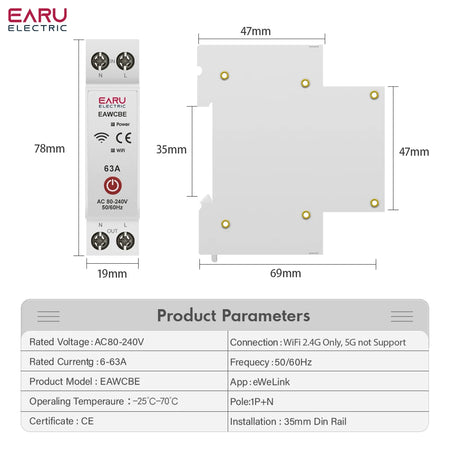 Tuya eWeLink WiFi Smart Circuit Breaker 1P+N 63A with Voice Control