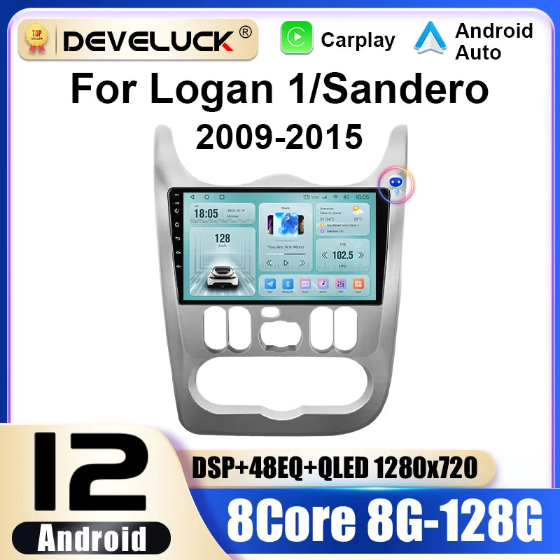 Renault Logan Sandero Autorádio Android 12 CarPlay 9 palců Vestavěné GPS, 4G, Bluetooth