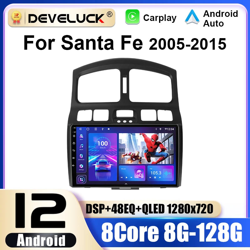 Autorádio Hyundai Santa Fe 2005 až 2015 s Android 12 CarPlay a Android Auto, 9 palcový Double DIN dotykový displej GPS WiFi