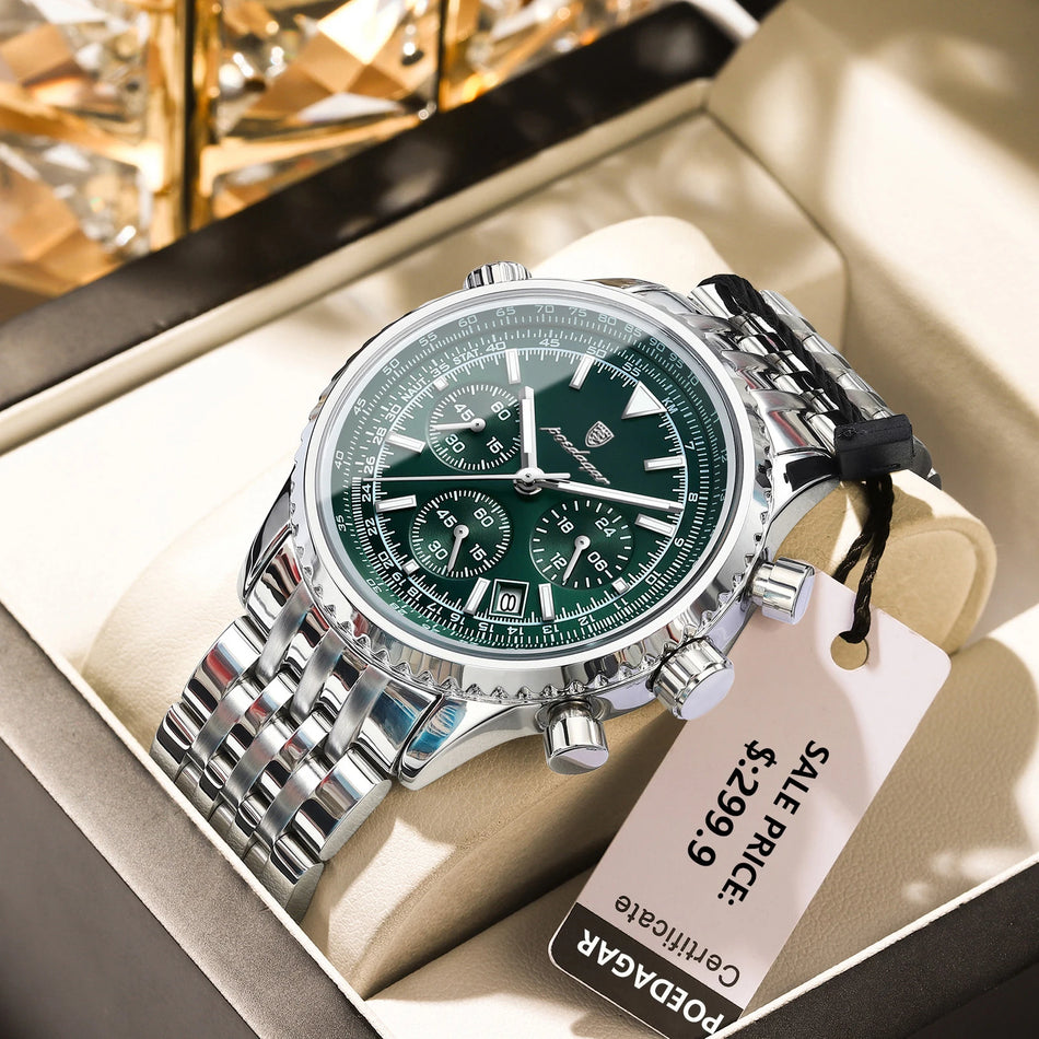 Orologio da uomo POEDAGAR con cronografo luminoso e data, impermeabile in acciaio inossidabile