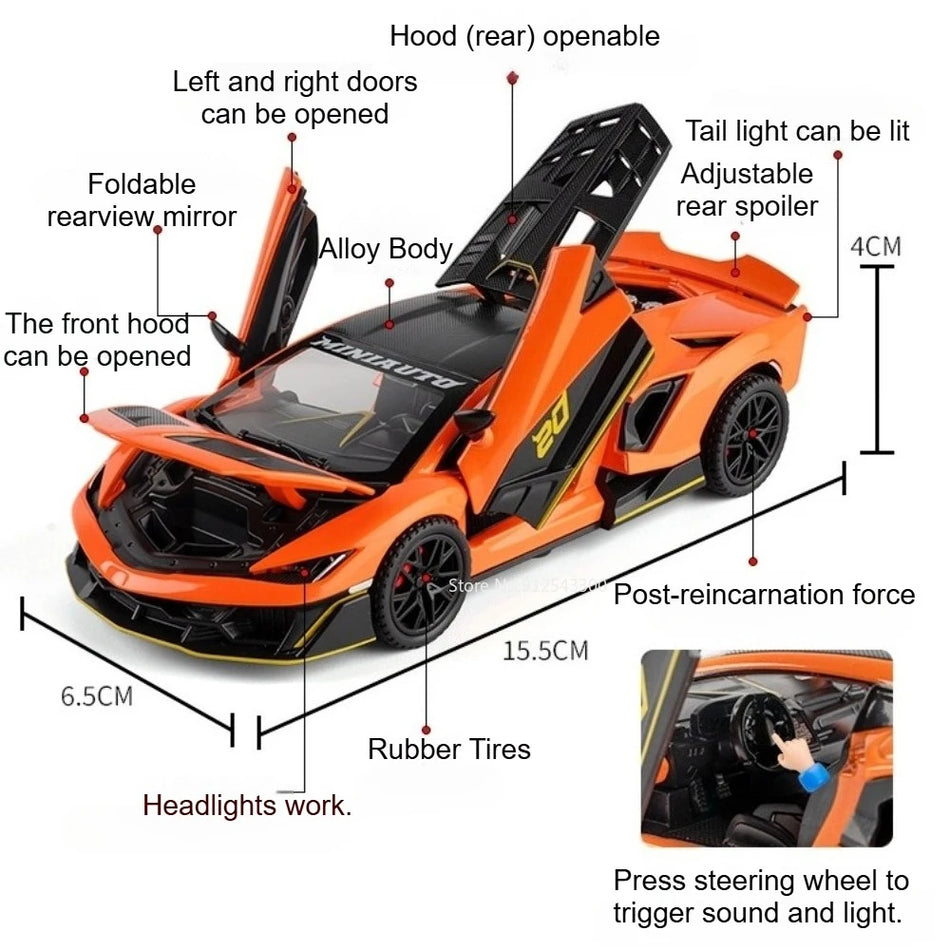 Modelo de coche super de metal fundido a escala 1:32 con alerón trasero ajustable.