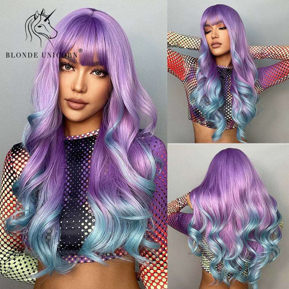 Blonde Unicorn Ombre Purple to Blue Long Wavy Wig for Women