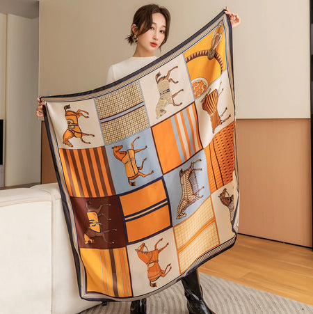 Luxury Horse Print Square Scarf &ndash; Vintage Imitation Silk Elegance