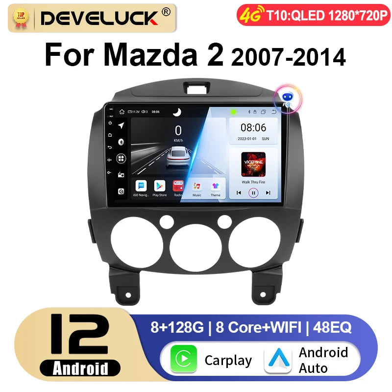 Ραδιόφωνο αυτοκινήτου Android 12 για Mazda 2 Mazda2 2007 έως 2014 με GPS πλοήγηση CarPlay 2 Din στερεοφωνικό