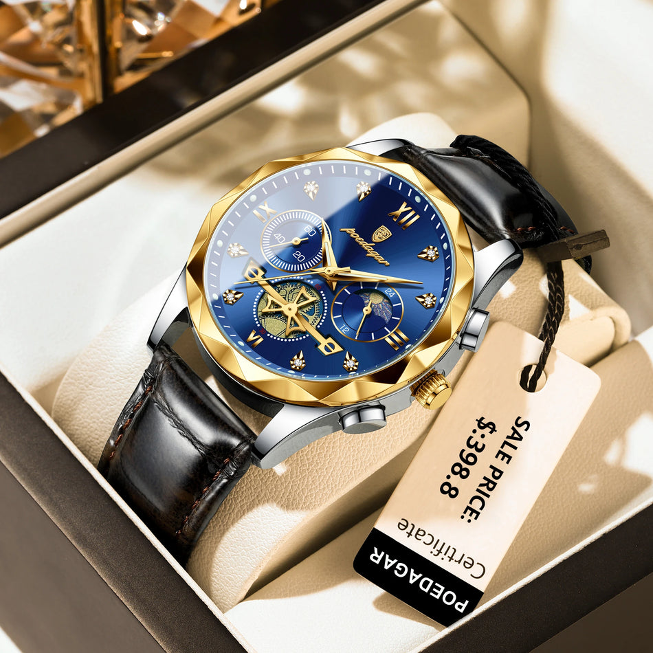 Leather Chronograph Quartz Watch For Men, Luminous Dial, Waterproof POEDAGAR