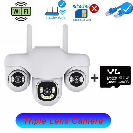 15MP WiFi Camera Outdoor HD Three Lens Three Screen PTZ IP Cam Human Auto Tracking Waterproof Smart Security Surveillance CCTV WIFI Cam 128G Card / US Plug