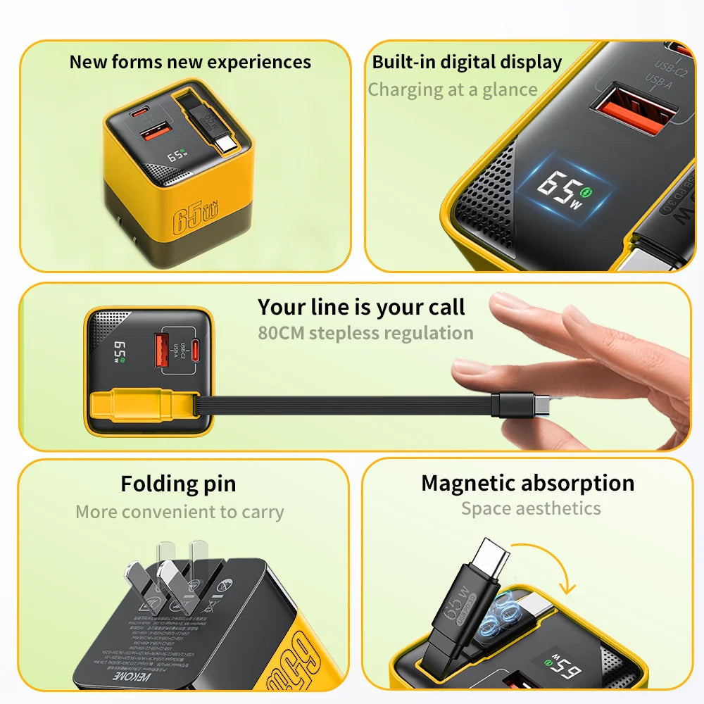 CrownQu 65W USB-C Fast Charger &ndash; Intelligent Charge with Built-in 80cm Type-C Cable
