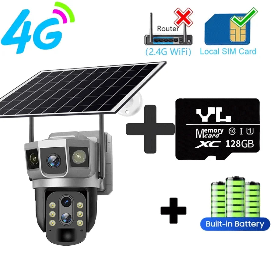 3 Lens 12MP 4G Solar CCTV Camera IP Wireless Smart Home Security Video Surveillance Solar Power Built in Battery Outdoor IP Cam 4G Cam Add 128G Card