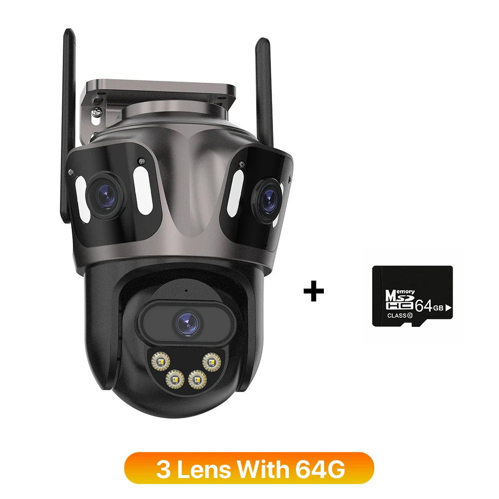 4K Dual Lens PTZ Outdoor WIFI IP Camera 3 Lens With 64G / AU Plug