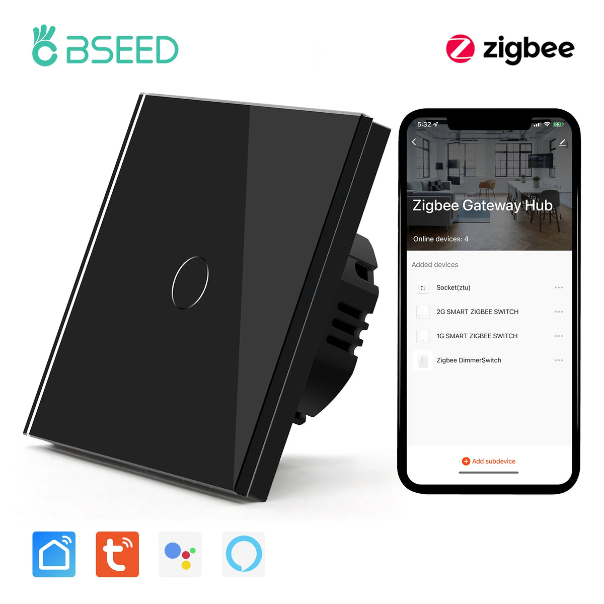 BSEED Zigbee 1 2 3 Gang 1 Way Smart Switch &ndash; Google Home Black 1 Gang / CHINA / EU standard