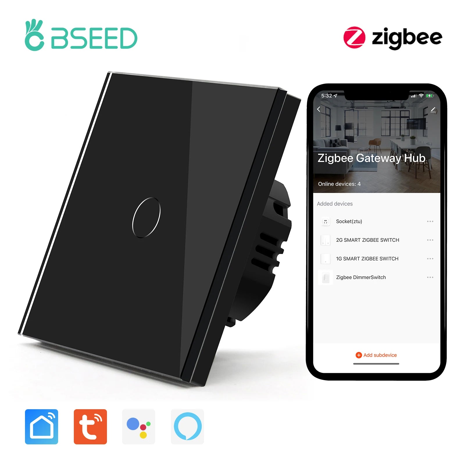 BSEED Zigbee 1 2 3 Gang 1 Way Smart Switch &ndash; Google Home Black 1 Gang / CHINA / EU standard