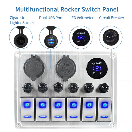 Premium 4/6 Gang Waterproof Switch Panel with Digital Voltmeter and Dual USB Ports