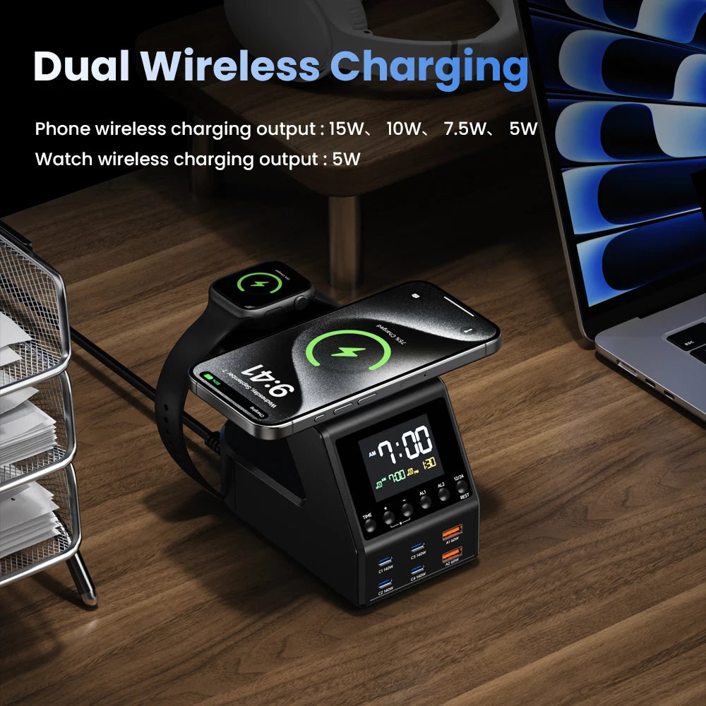 ASOMETECH 240W GaN Charger Station &ndash; Fast Wireless Charging with Time Display