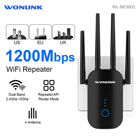 Wonlink 1200Mbps WiFi Repeater - UK Plug Dual Band Extender US Plug