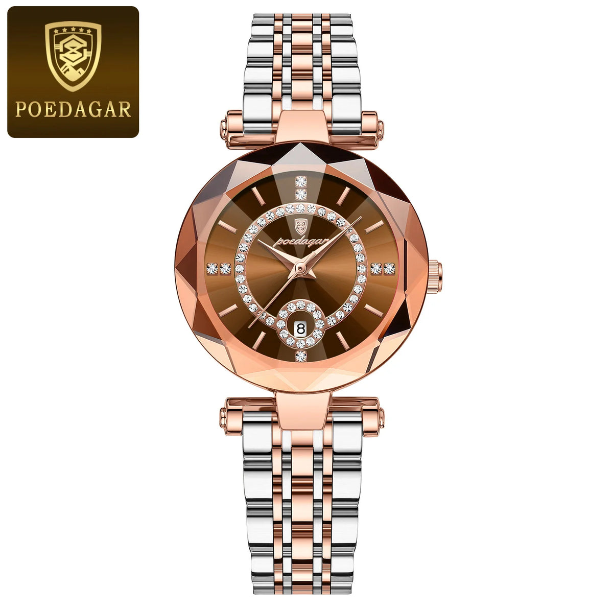 POEDAGAR Women's Luxury Diamond Quartz Watch - Waterproof Stainless Steel Gold Brown