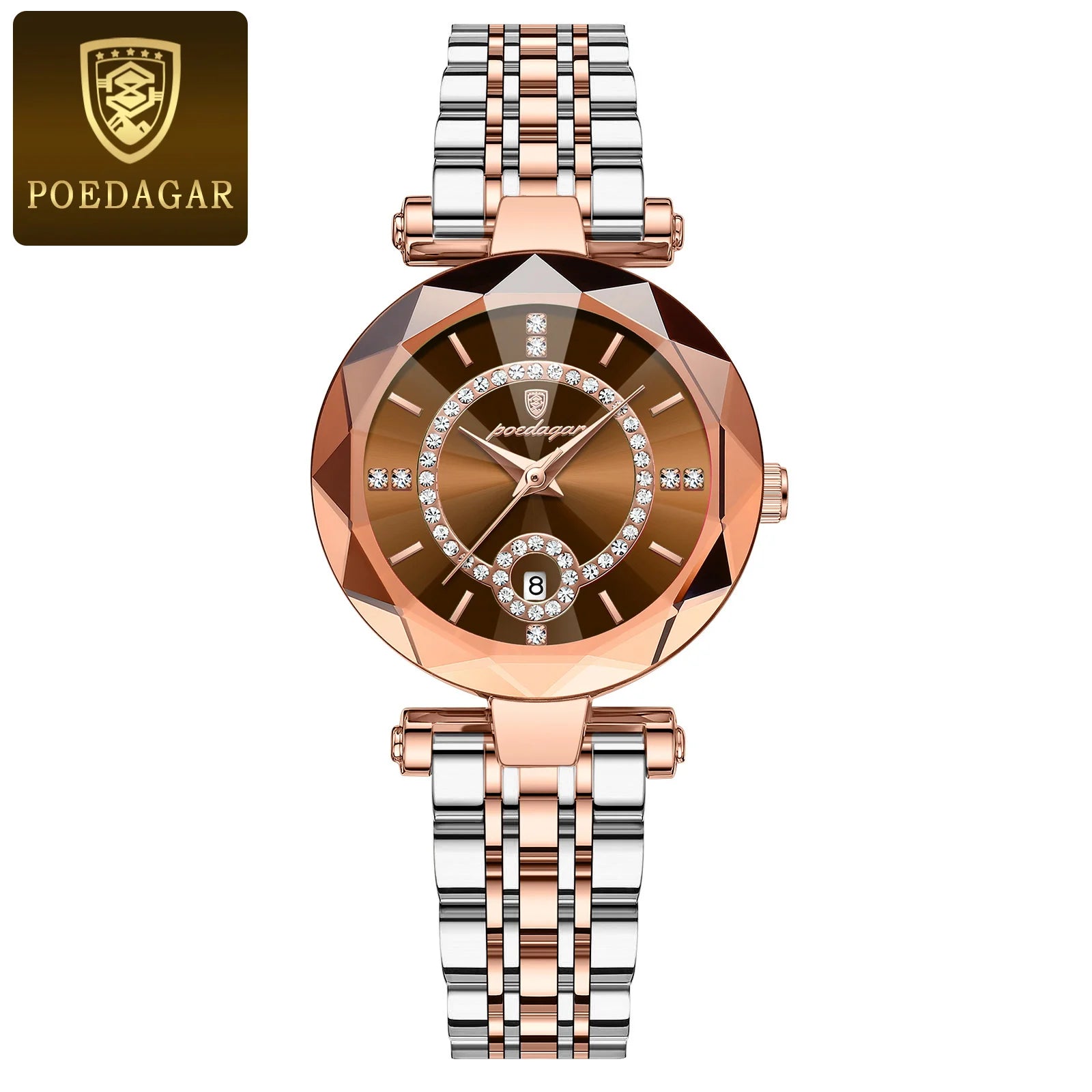 POEDAGAR Women's Luxury Diamond Quartz Watch - Waterproof Stainless Steel Gold Brown