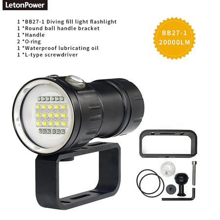 LeTon 27 LED Underwater Photography Light &ndash; 20000 Lumens Brightness BB27-1X / 4 batterys charger