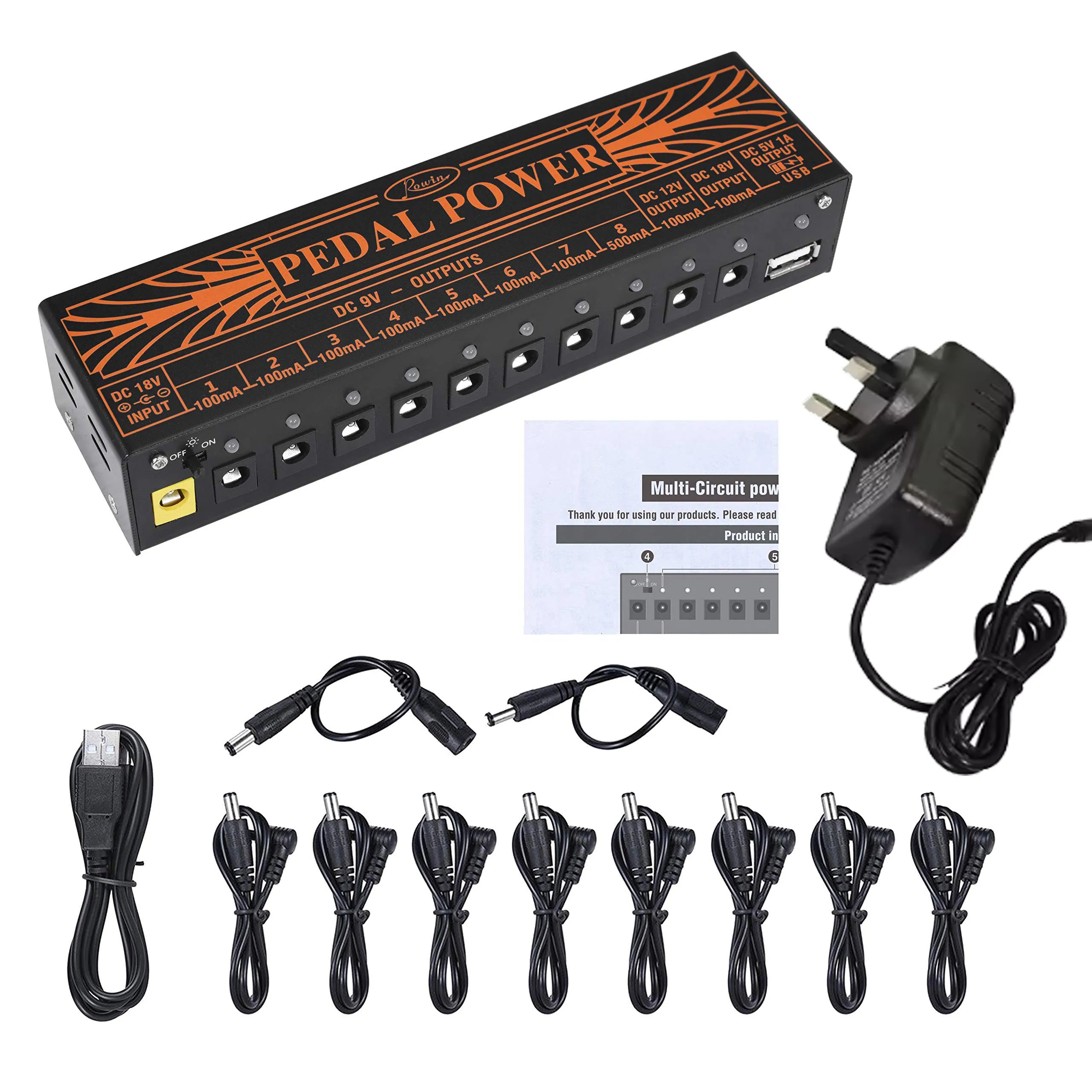 Rowin PW-01 Guitar Pedal Power Supply &ndash; 10 Isolated Outputs UK Plug