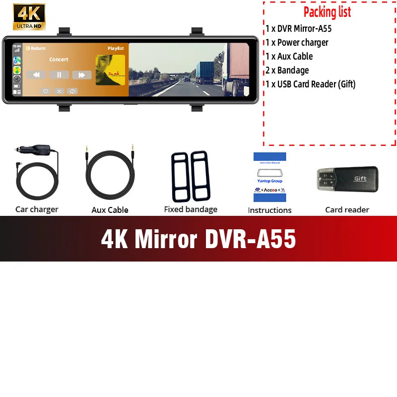 Acceo 4K Dashcam Rearview Mirror Car DVR - Wireless CarPlay No Rear Lens-A55 / 64G