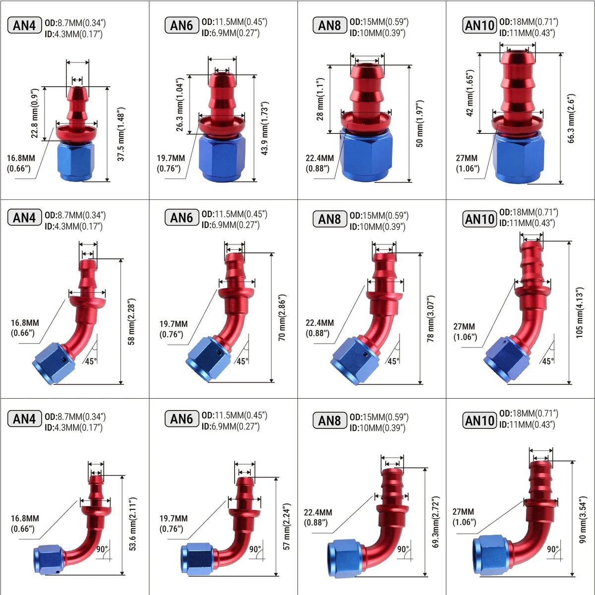 AN4 AN6 AN8 AN10 AN12 Hose End Fittings With 180 Degree Push-On by InterCyprus Trading Ltd