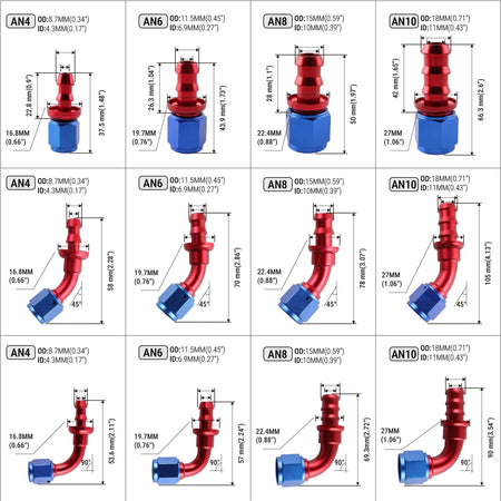 AN4 AN6 AN8 AN10 AN12 Hose End Fittings With 180 Degree Push-On by InterCyprus Trading Ltd