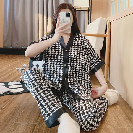 Ice Silk Pajamas for Women - Summer Nightwear Set with Cartoon Print 921 / L