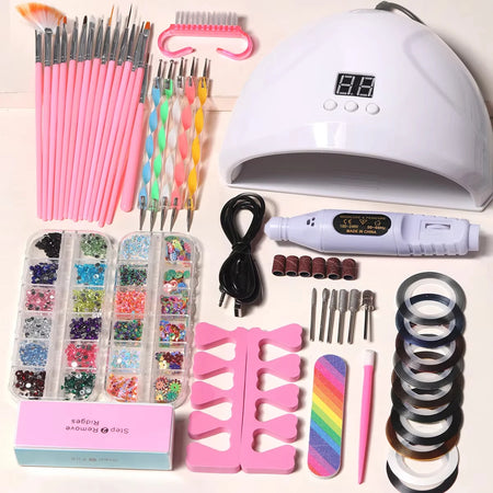 YIKOOLIN Pro Nail Art Kit With LED UV Lamp &ndash; Fast Curing Set-144-White